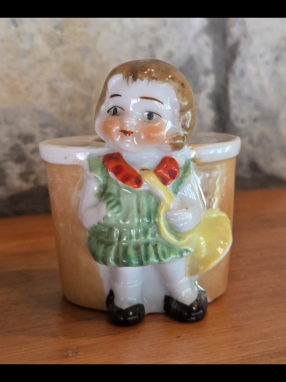 Miniature Toothpick Holder Bud Vase Girl Shopping Occupied Japan Vintage MCM